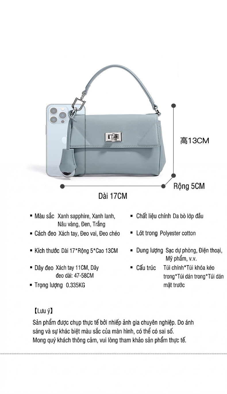 Túi Đeo Chéo Nữ Thiết Kế Tối Giản Da Bóng Khóa Gài Cao Cấp Màu Xanh, Đen chi tiết 6