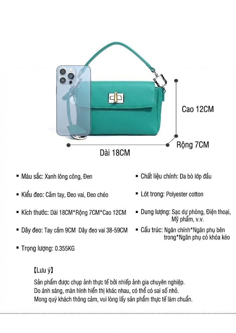 Túi Đeo Chéo Nữ Thiết Kế Tối Giản Phong Cách Hàn Quốc Màu Xanh, Đen, Nâu chi tiết 6