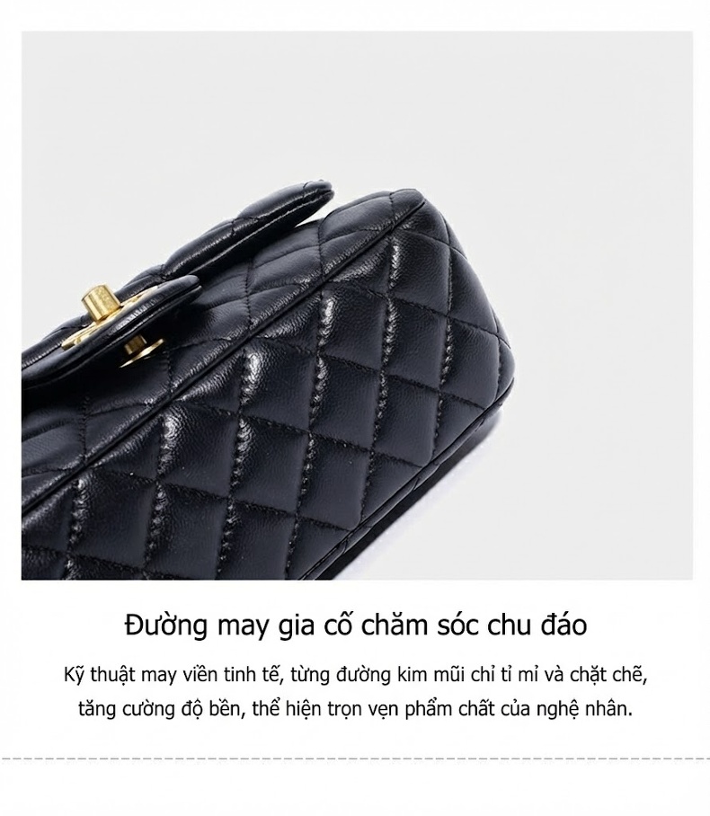 Túi Đeo Chéo Nữ Trám Ô Da Bóng Dây Xích Phong Cách Tiểu Thư Màu Đen chi tiết 12