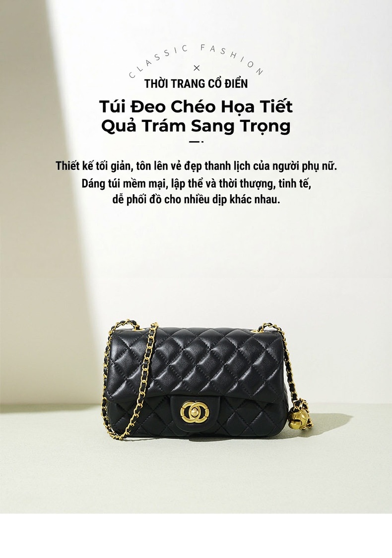 Túi Đeo Chéo Nữ Trám Ô Da Bóng Dây Xích Phong Cách Tiểu Thư Màu Đen chi tiết 1