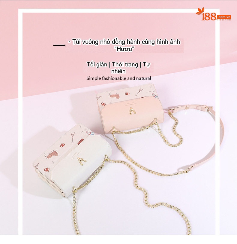Túi Đeo Chéo Nữ Túi Đeo Vai Mini Dây Xích Họa Tiết Màu Trắng, Hồng chi tiết 1