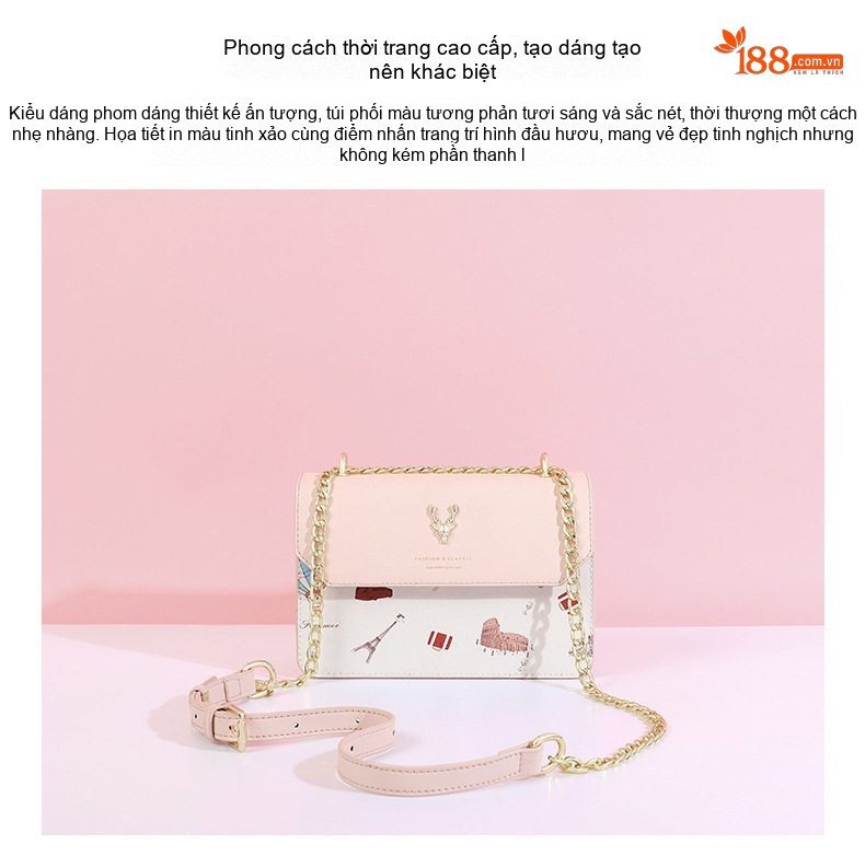 Túi Đeo Chéo Nữ Túi Đeo Vai Mini Dây Xích Họa Tiết Màu Trắng, Hồng chi tiết 2