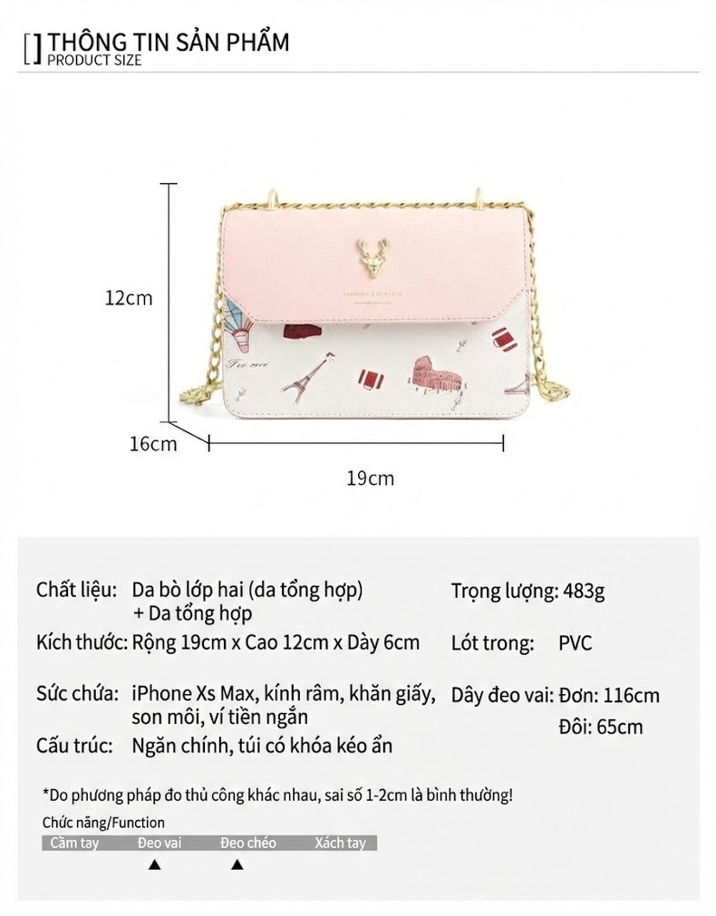 Túi Đeo Chéo Nữ Túi Đeo Vai Mini Dây Xích Họa Tiết Màu Trắng, Hồng chi tiết 8