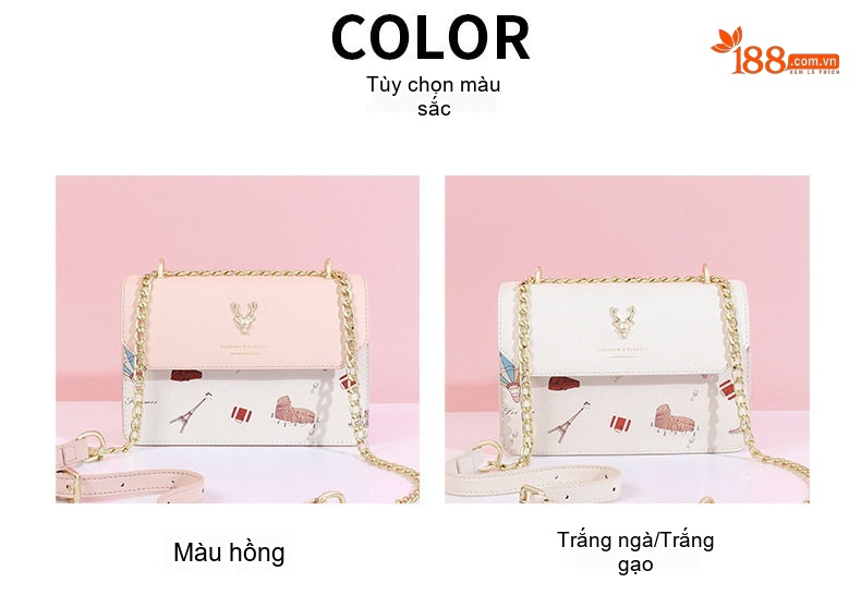 Túi Đeo Chéo Nữ Túi Đeo Vai Mini Dây Xích Họa Tiết Màu Trắng, Hồng chi tiết 10
