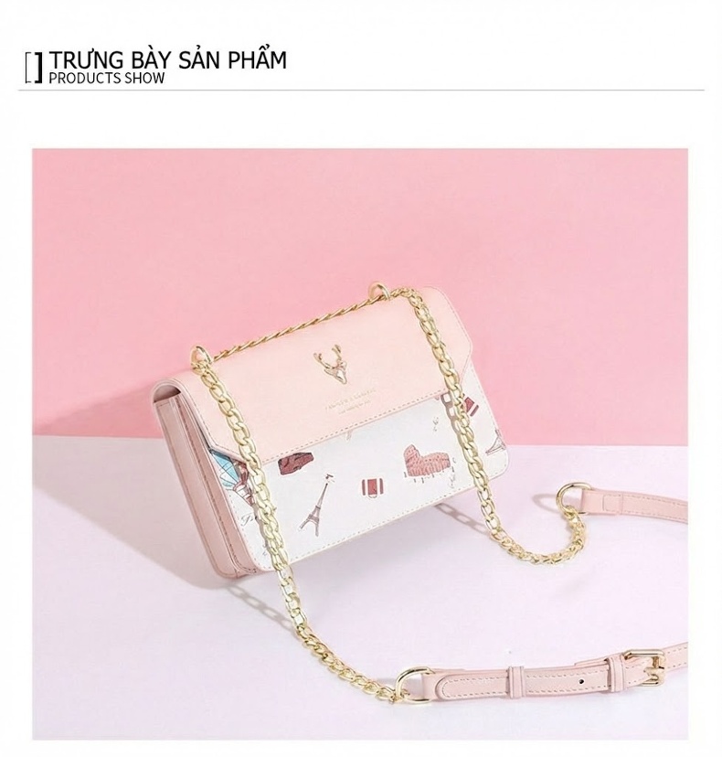 Túi Đeo Chéo Nữ Túi Đeo Vai Mini Dây Xích Họa Tiết Màu Trắng, Hồng chi tiết 11