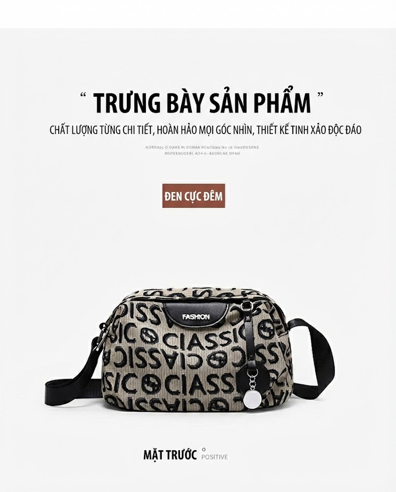 Túi Đeo Chéo Nữ Vải Canvas Dáng Túi Kẹp Nách, Túi Ngực Nhỏ Màu Đen, Be chi tiết 10