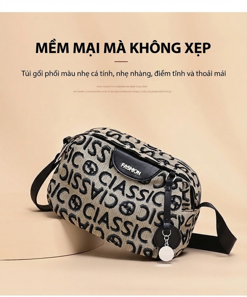 Túi Đeo Chéo Nữ Vải Canvas Dáng Túi Kẹp Nách, Túi Ngực Nhỏ Màu Đen, Be chi tiết 1