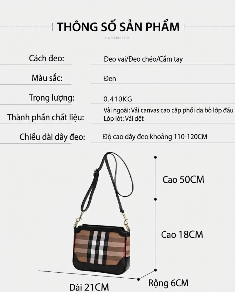 Túi Đeo Chéo Nữ Vải Canvas Kẻ Ô phối Da Bò Màu Đen, Nâu chi tiết 20