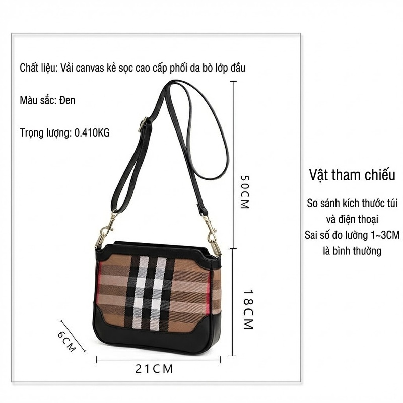 Túi Đeo Chéo Nữ Vải Canvas Kẻ Ô phối Da Bò Màu Đen, Nâu