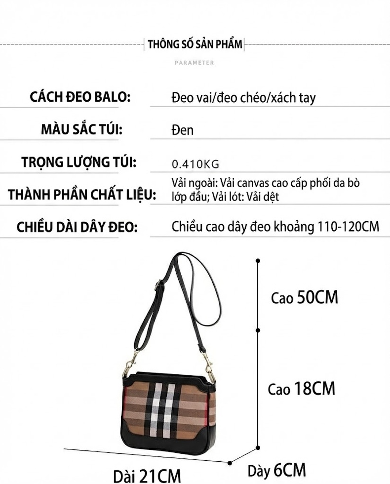 Túi Đeo Chéo Nữ Vải Canvas Kẻ Ô phối Da Bò Màu Đen, Nâu chi tiết 5