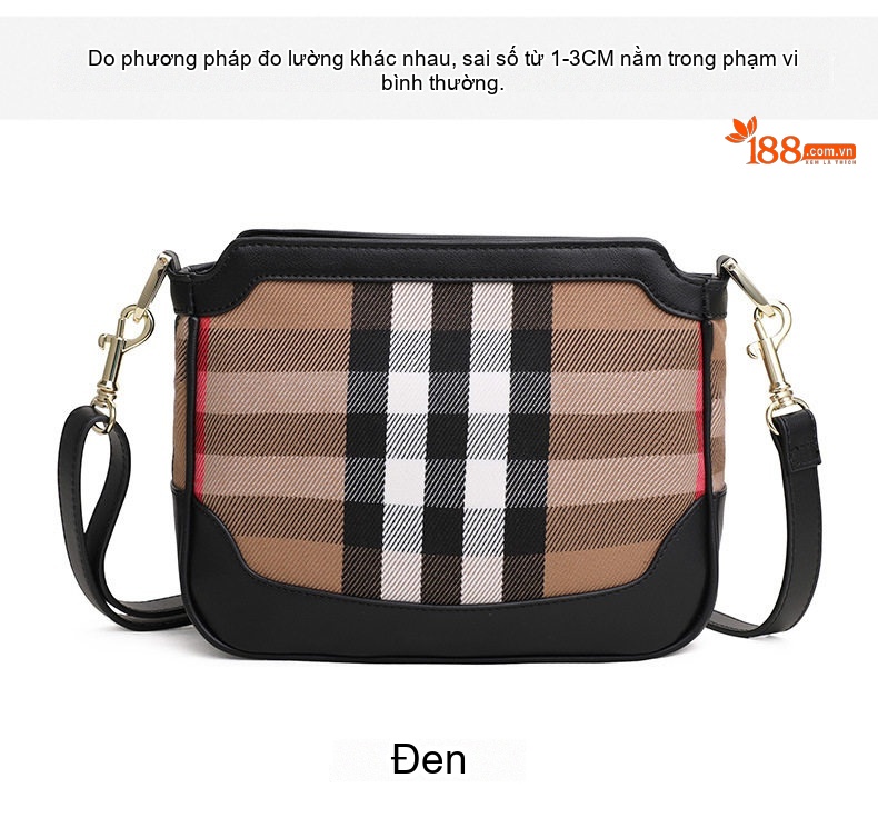 Túi Đeo Chéo Nữ Vải Canvas Kẻ Ô phối Da Bò Màu Đen, Nâu chi tiết 6