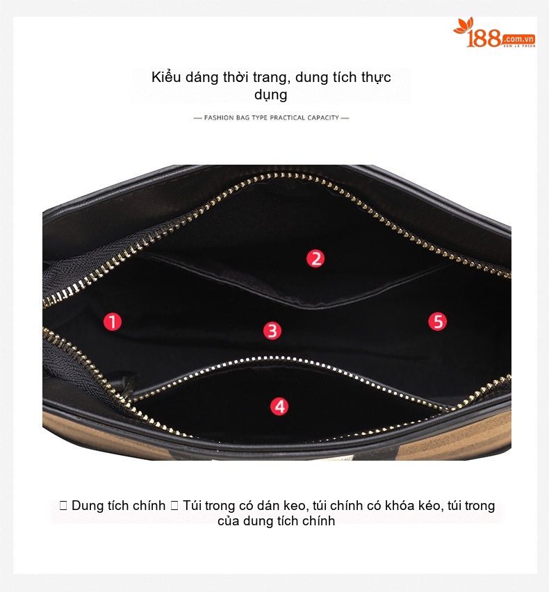 Túi Đeo Chéo Nữ Vải Canvas Kẻ Ô phối Da Bò Màu Đen, Nâu chi tiết 7
