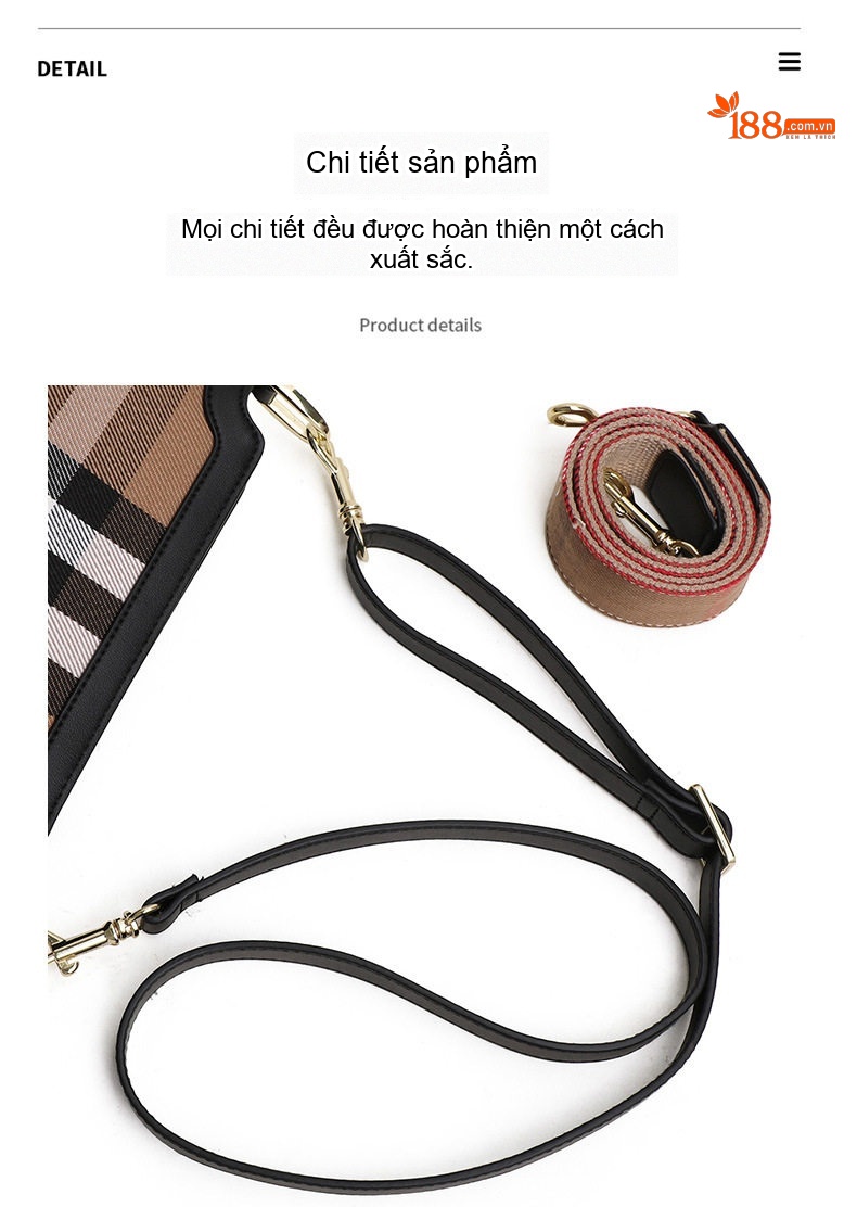 Túi Đeo Chéo Nữ Vải Canvas Kẻ Ô phối Da Bò Màu Đen, Nâu chi tiết 17
