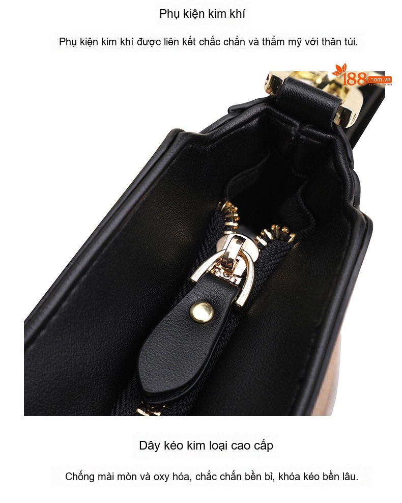 Túi Đeo Chéo Nữ Vải Canvas Kẻ Ô phối Da Bò Màu Đen, Nâu chi tiết 19