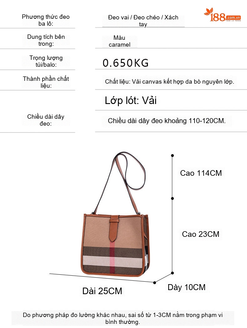 Túi Đeo Chéo Nữ Vải Canvas Kẻ Ô Vuông Phối Da Bò Màu Caramel, Nâu, Đen chi tiết 20