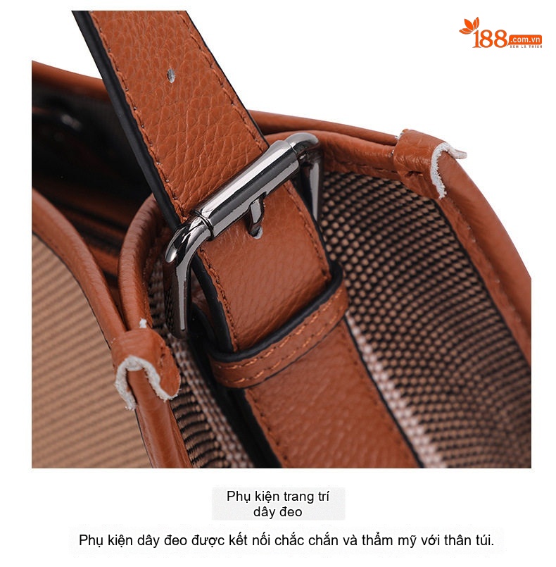 Túi Đeo Chéo Nữ Vải Canvas Kẻ Ô Vuông Phối Da Bò Màu Caramel, Nâu, Đen chi tiết 19