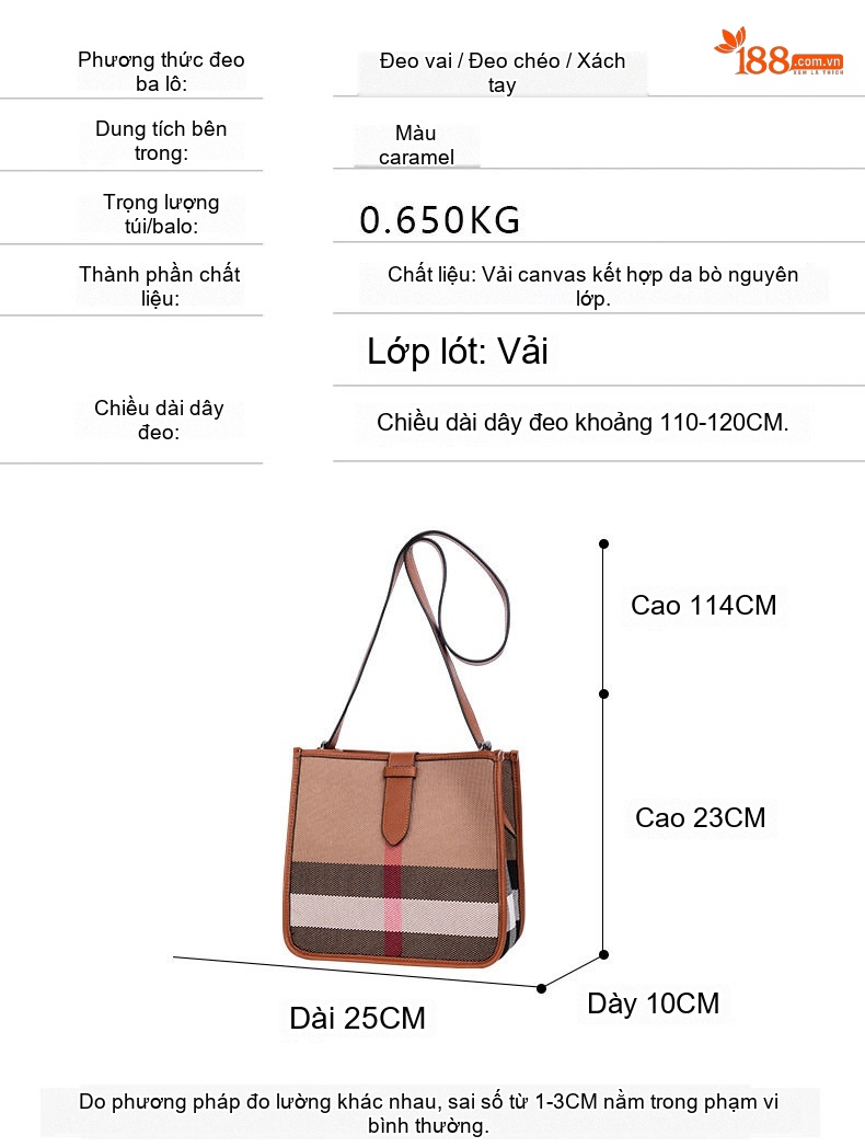 Túi Đeo Chéo Nữ Vải Canvas Kẻ Ô Vuông Phối Da Bò Màu Caramel, Nâu, Đen chi tiết 4