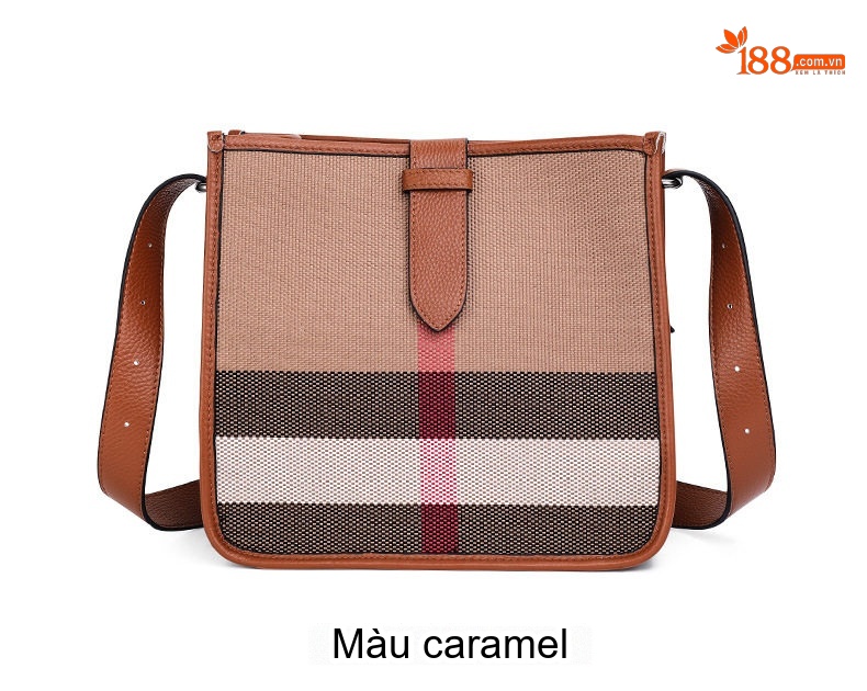 Túi Đeo Chéo Nữ Vải Canvas Kẻ Ô Vuông Phối Da Bò Màu Caramel, Nâu, Đen chi tiết 5