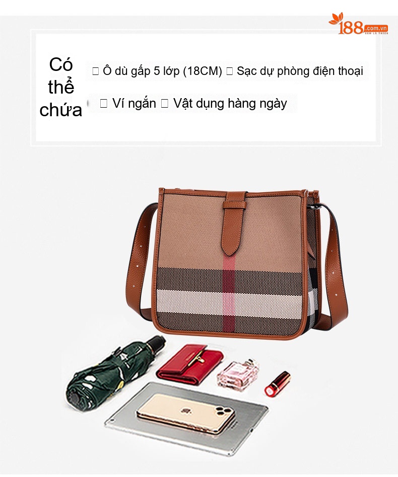 Túi Đeo Chéo Nữ Vải Canvas Kẻ Ô Vuông Phối Da Bò Màu Caramel, Nâu, Đen chi tiết 9