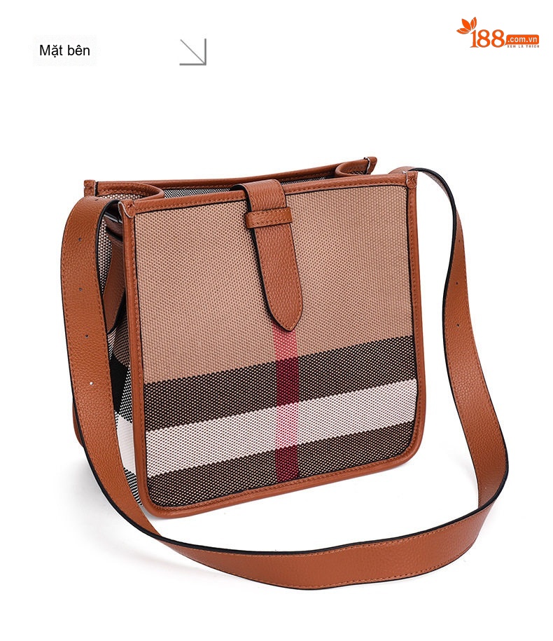 Túi Đeo Chéo Nữ Vải Canvas Kẻ Ô Vuông Phối Da Bò Màu Caramel, Nâu, Đen chi tiết 13