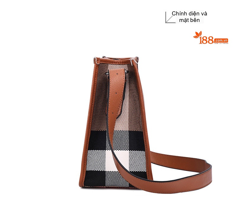 Túi Đeo Chéo Nữ Vải Canvas Kẻ Ô Vuông Phối Da Bò Màu Caramel, Nâu, Đen chi tiết 14
