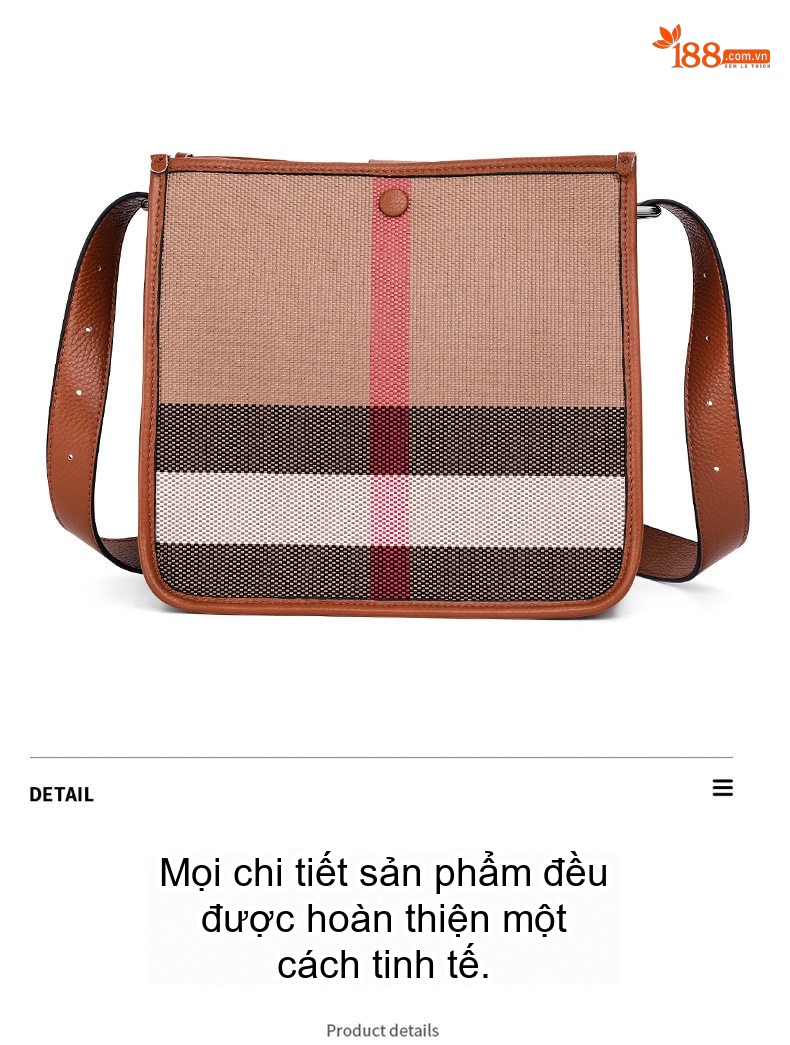 Túi Đeo Chéo Nữ Vải Canvas Kẻ Ô Vuông Phối Da Bò Màu Caramel, Nâu, Đen chi tiết 17