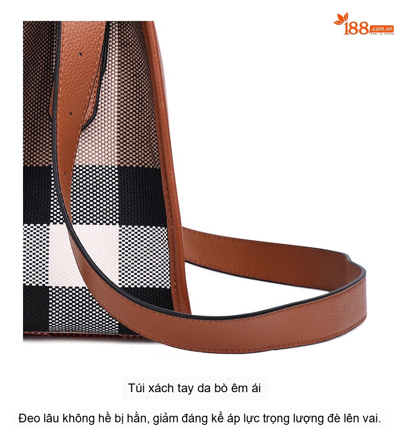 Túi Đeo Chéo Nữ Vải Canvas Kẻ Ô Vuông Phối Da Bò Màu Caramel, Nâu, Đen chi tiết 18