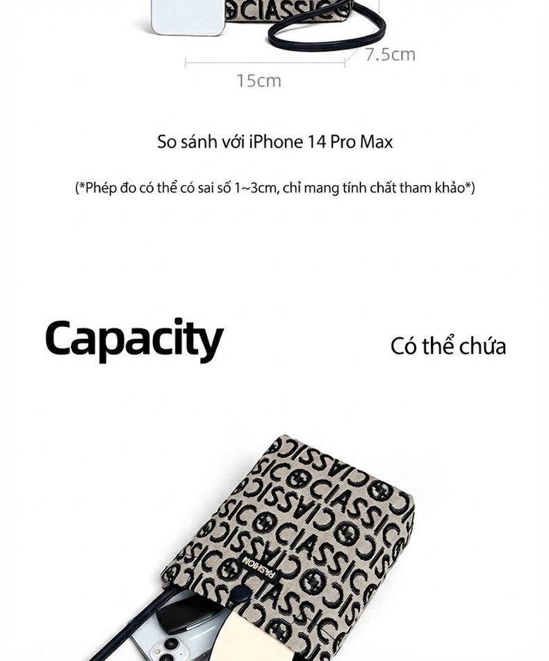 Túi Đeo Chéo Nữ Vải Canvas Kiểu Túi Rút Mini Đeo Vai Đựng Điện Thoại Họa Tiết Chữ Màu Be, Đen chi tiết 10