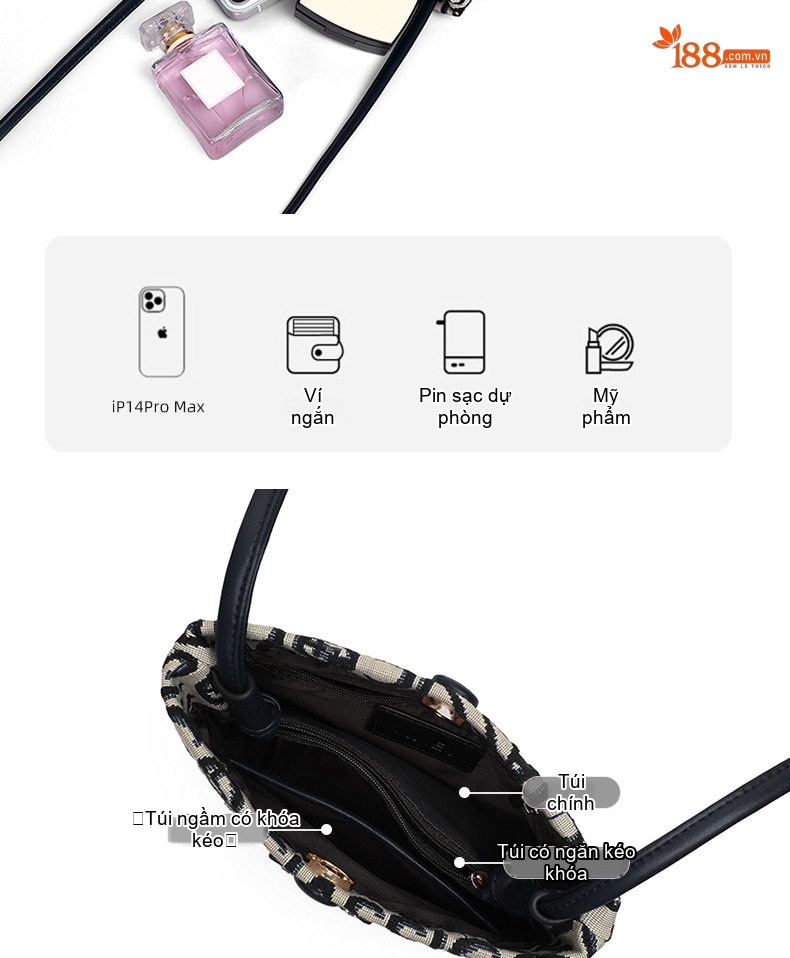 Túi Đeo Chéo Nữ Vải Canvas Kiểu Túi Rút Mini Đeo Vai Đựng Điện Thoại Họa Tiết Chữ Màu Be, Đen chi tiết 11