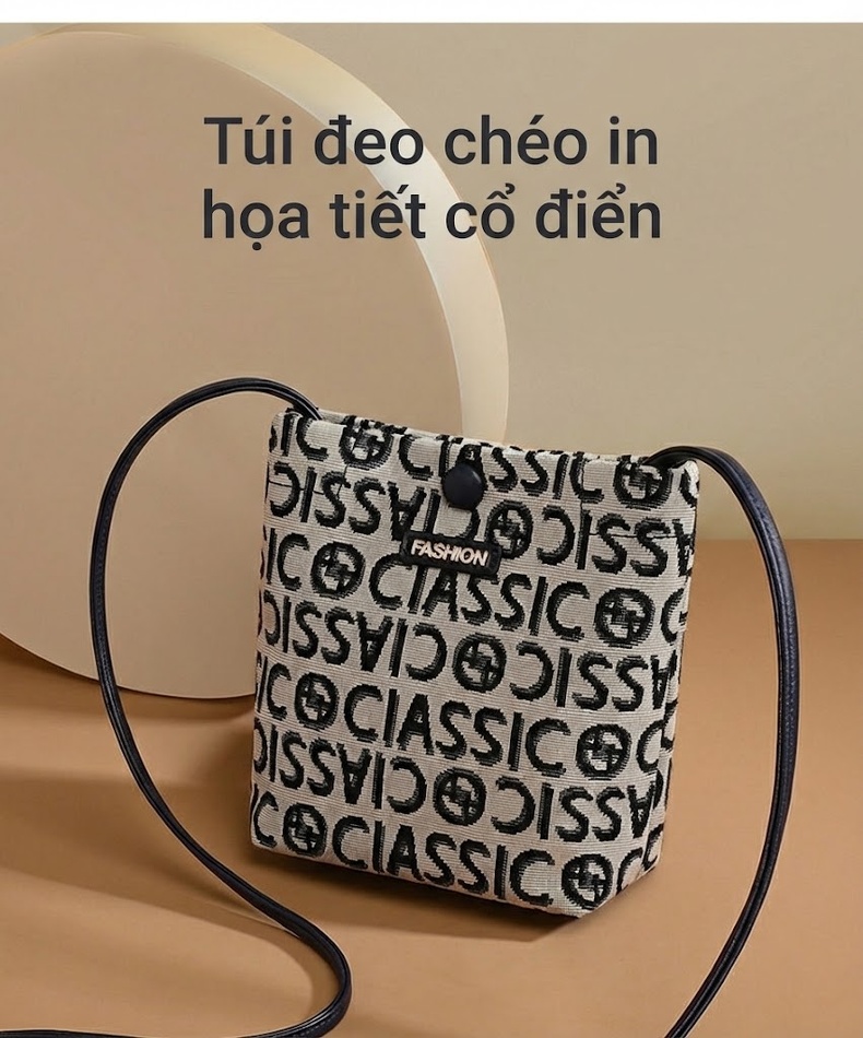 Túi Đeo Chéo Nữ Vải Canvas Kiểu Túi Rút Mini Đeo Vai Đựng Điện Thoại Họa Tiết Chữ Màu Be, Đen chi tiết 1
