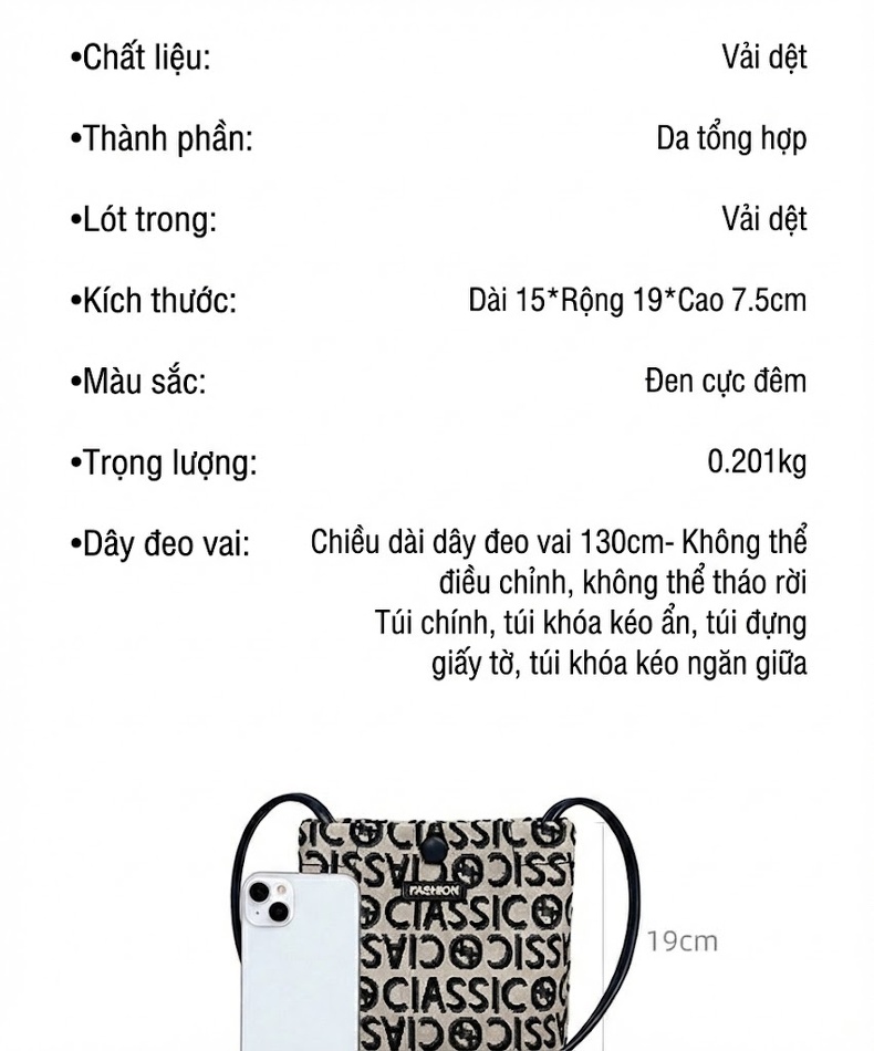 Túi Đeo Chéo Nữ Vải Canvas Kiểu Túi Rút Mini Đeo Vai Đựng Điện Thoại Họa Tiết Chữ Màu Be, Đen chi tiết 9