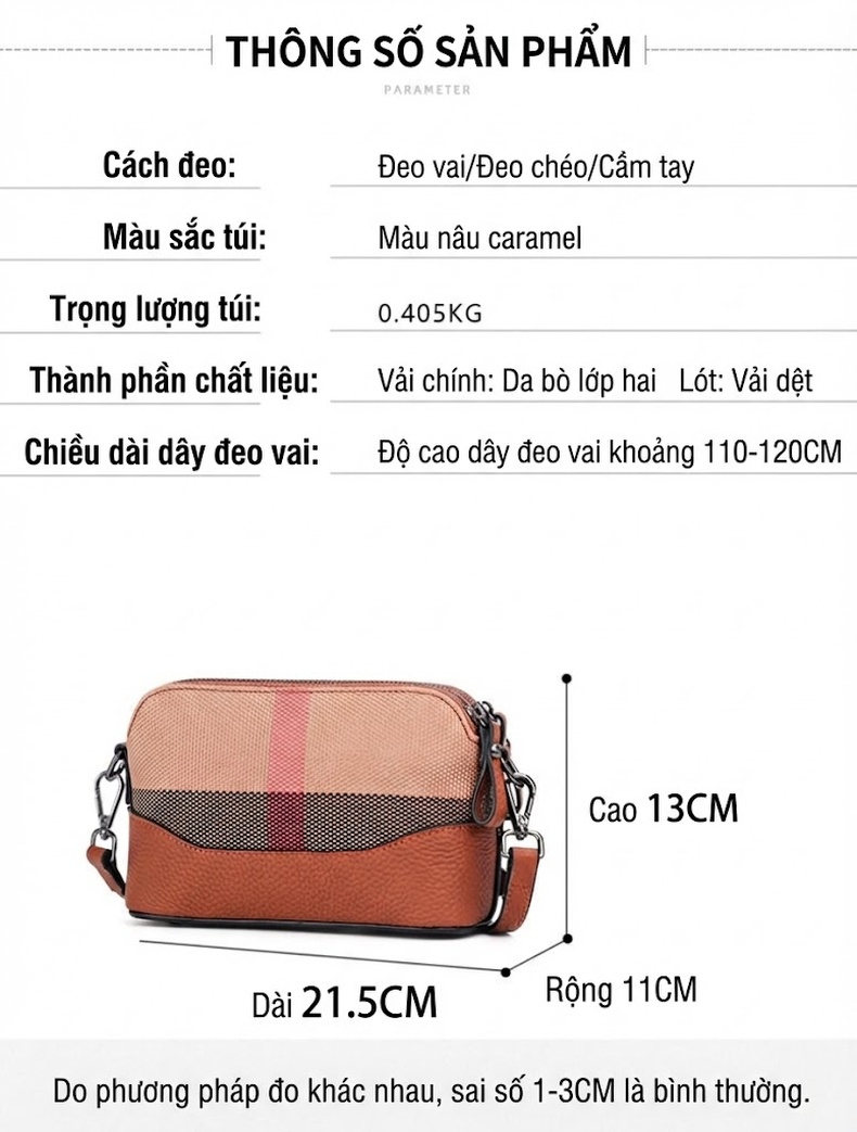 Túi Đeo Chéo Nữ Vải Canvas Phối Da Bò Họa Tiết Caro Màu Nâu chi tiết 20