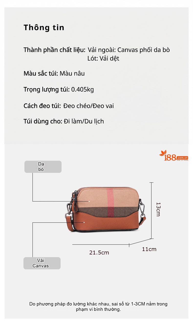 Túi Đeo Chéo Nữ Vải Canvas Phối Da Bò Họa Tiết Caro Màu Nâu chi tiết 5