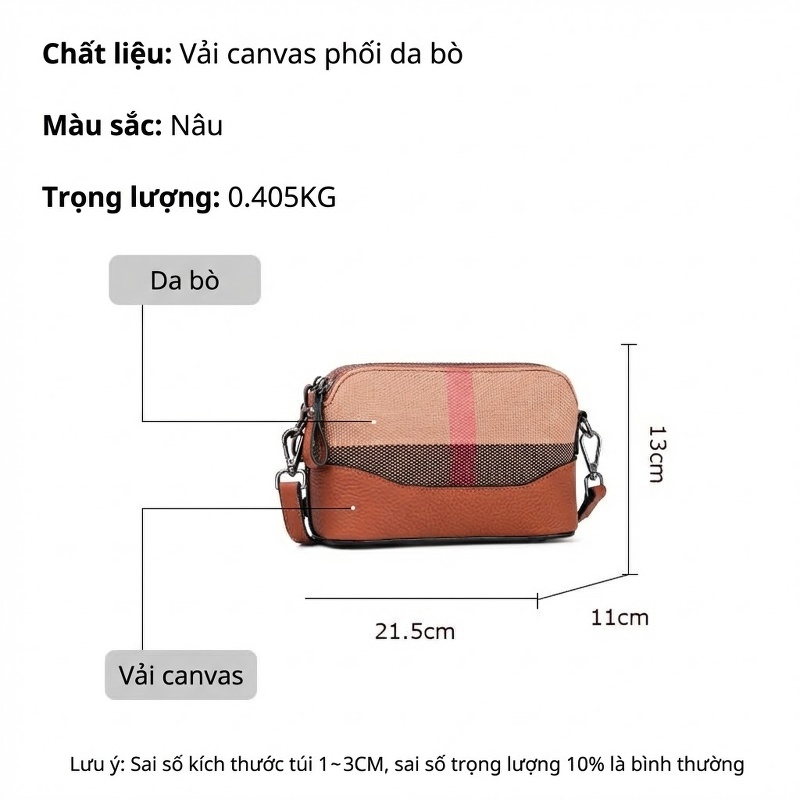 Túi Đeo Chéo Nữ Vải Canvas Phối Da Bò Họa Tiết Caro Màu Nâu
