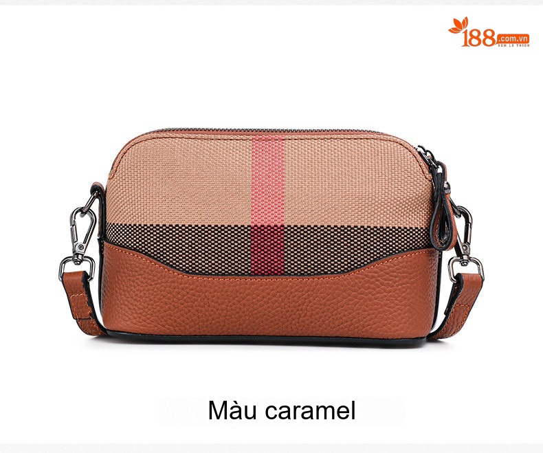 Túi Đeo Chéo Nữ Vải Canvas Phối Da Bò Họa Tiết Caro Màu Nâu chi tiết 6