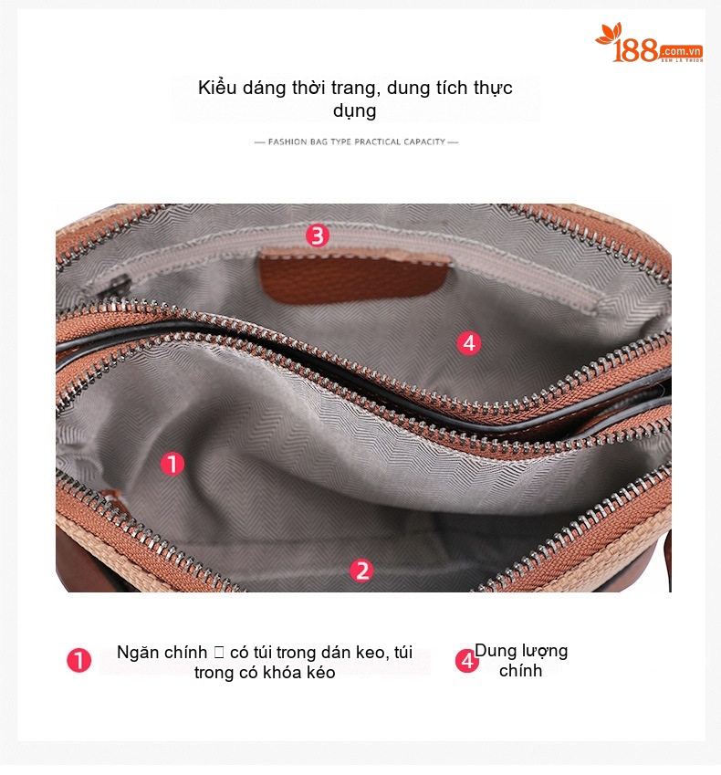 Túi Đeo Chéo Nữ Vải Canvas Phối Da Bò Họa Tiết Caro Màu Nâu chi tiết 7