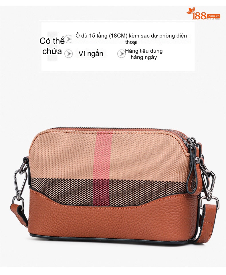 Túi Đeo Chéo Nữ Vải Canvas Phối Da Bò Họa Tiết Caro Màu Nâu chi tiết 8
