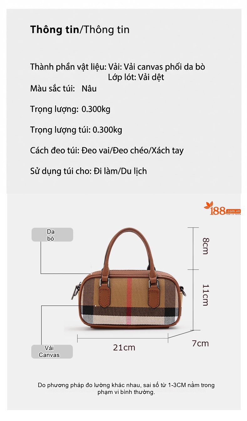 Túi Đeo Chéo Nữ Vải Canvas Phối Da Bò Họa Tiết Kẻ Ô Màu Nâu chi tiết 3