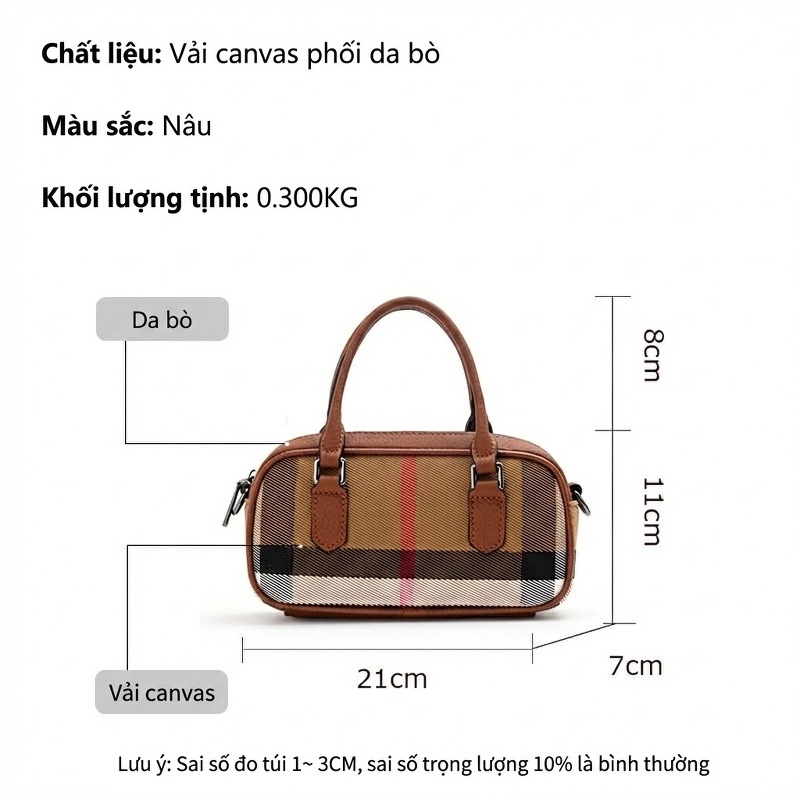 Túi Đeo Chéo Nữ Vải Canvas Phối Da Bò Họa Tiết Kẻ Ô Màu Nâu