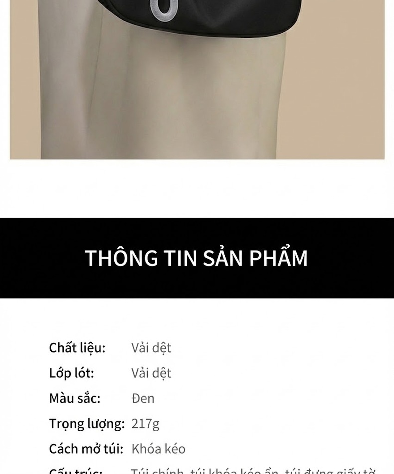 Túi Đeo Chéo Nữ Vải Canvas Túi Kẹp Nách Dáng Gối Phong Cách Casual Màu Đen chi tiết 6