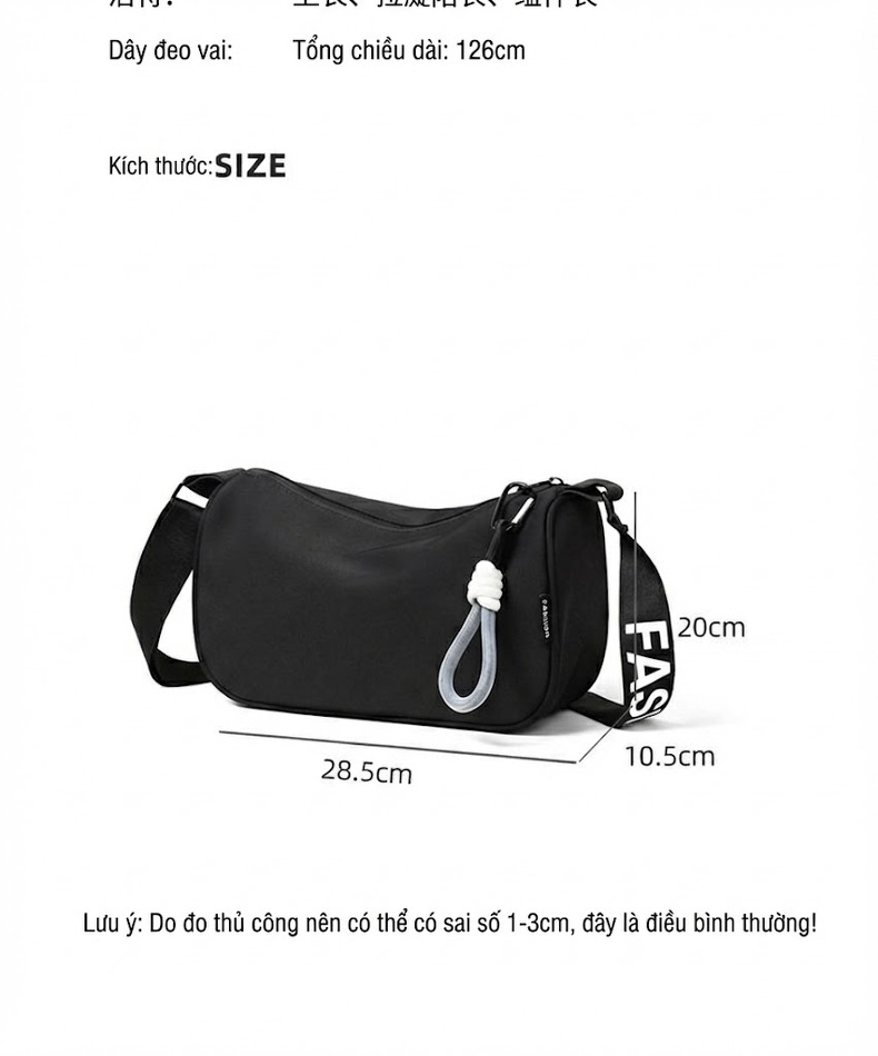Túi Đeo Chéo Nữ Vải Canvas Túi Kẹp Nách Dáng Gối Phong Cách Casual Màu Đen chi tiết 7