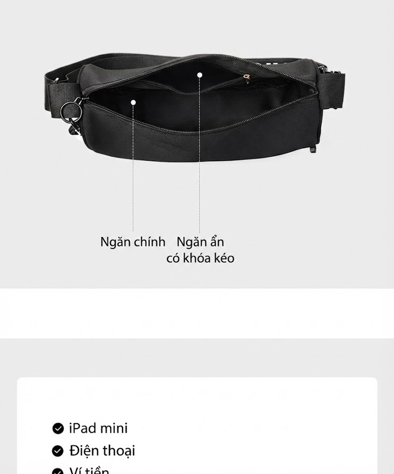 Túi Đeo Chéo Nữ Vải Canvas Túi Kẹp Nách Dáng Gối Phong Cách Casual Màu Đen chi tiết 10