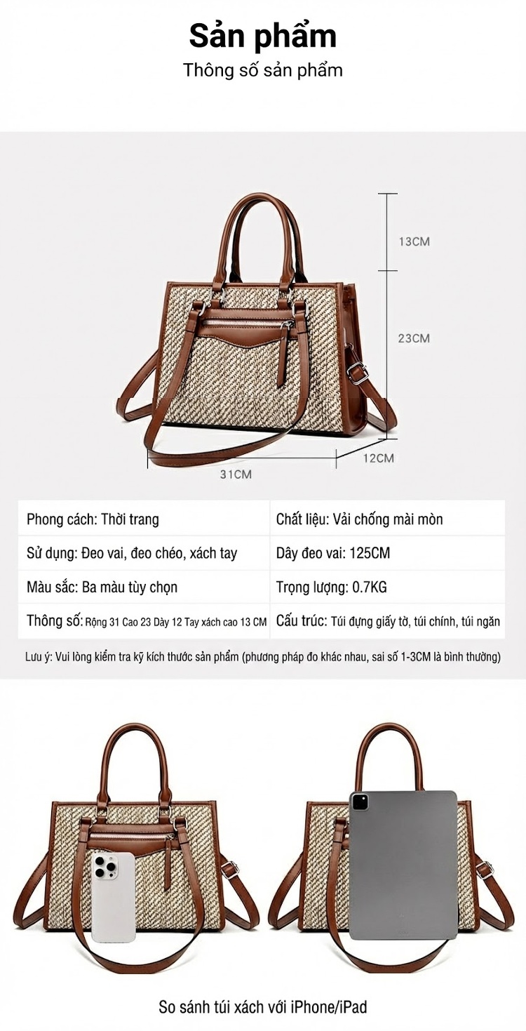 Túi Đeo Chéo Nữ Vải Dệt Kiểu Đan Thời Trang Màu Đen, Nâu, Kem chi tiết 17