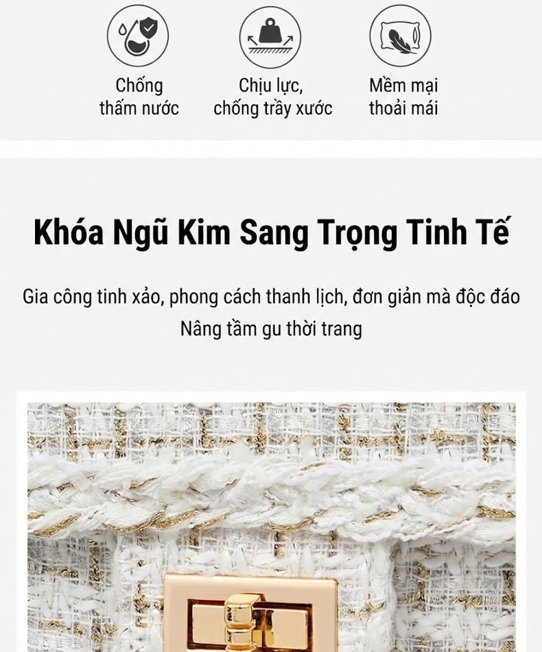 Túi Đeo Chéo Nữ Vải Dệt Tiểu Hương, Dây Xích, Túi Vuông Nhỏ Màu Trắng chi tiết 8