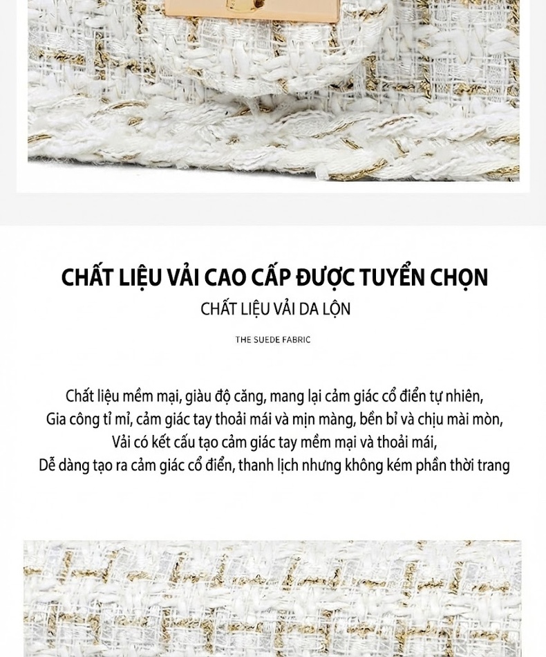 Túi Đeo Chéo Nữ Vải Dệt Tiểu Hương, Dây Xích, Túi Vuông Nhỏ Màu Trắng chi tiết 9