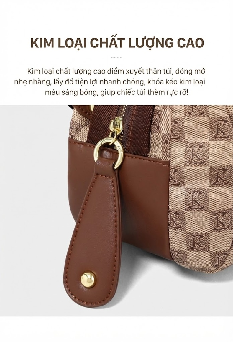 Túi Đeo Chéo Nữ Vải Họa Tiết Caro Dáng Túi Bụng Đeo Ngực Đeo Hông Màu Nâu, Be chi tiết 8