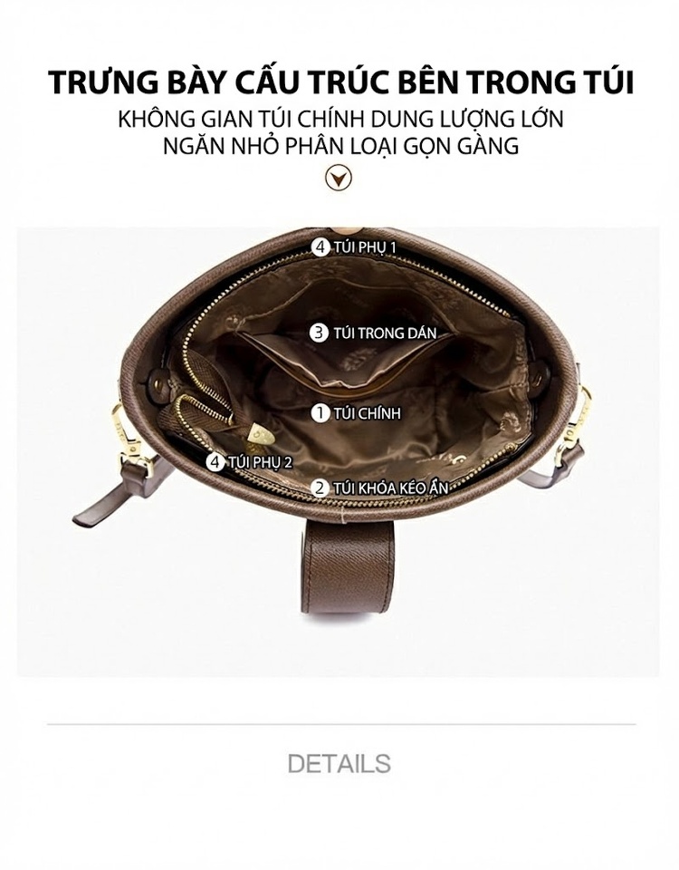 Túi Đeo Chéo Nữ Vải In Họa Tiết Bucket Đựng Vừa A4 Phong Cách Thời Trang Màu Nâu chi tiết 6