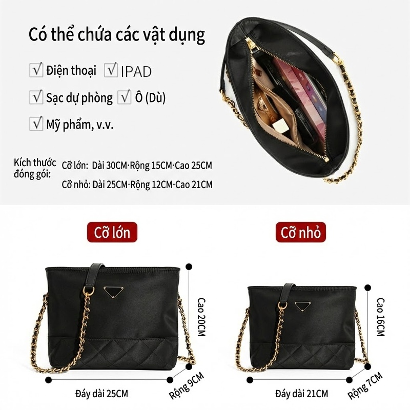 Túi Đeo Chéo Nữ Vải Oxford Dây Xích Màu Đen