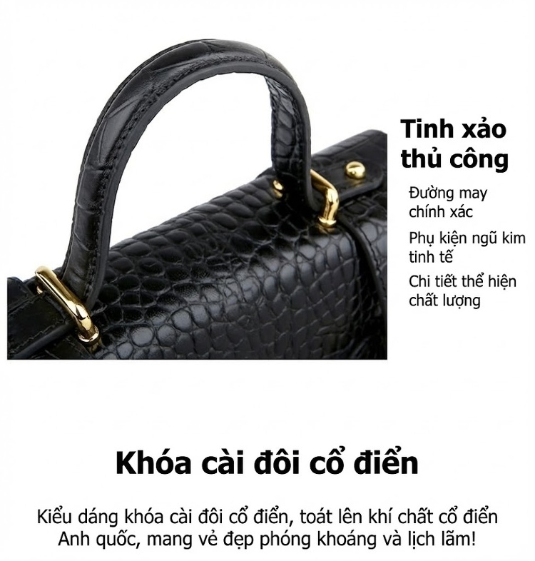 Túi Đeo Chéo Nữ Vân Cá Sấu Dáng Hộp Phom Cứng Quai Xách Tay Màu Đen chi tiết 8