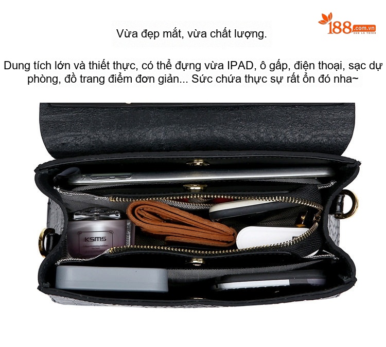 Túi Đeo Chéo Nữ Vân Cá Sấu Dáng Hộp Phom Cứng Quai Xách Tay Màu Đen chi tiết 10